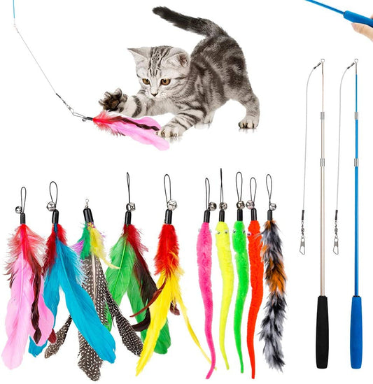 Interactive Cat Teaser Feather Toy – Handheld 3-Section Fishing Rod Wand for Cats
