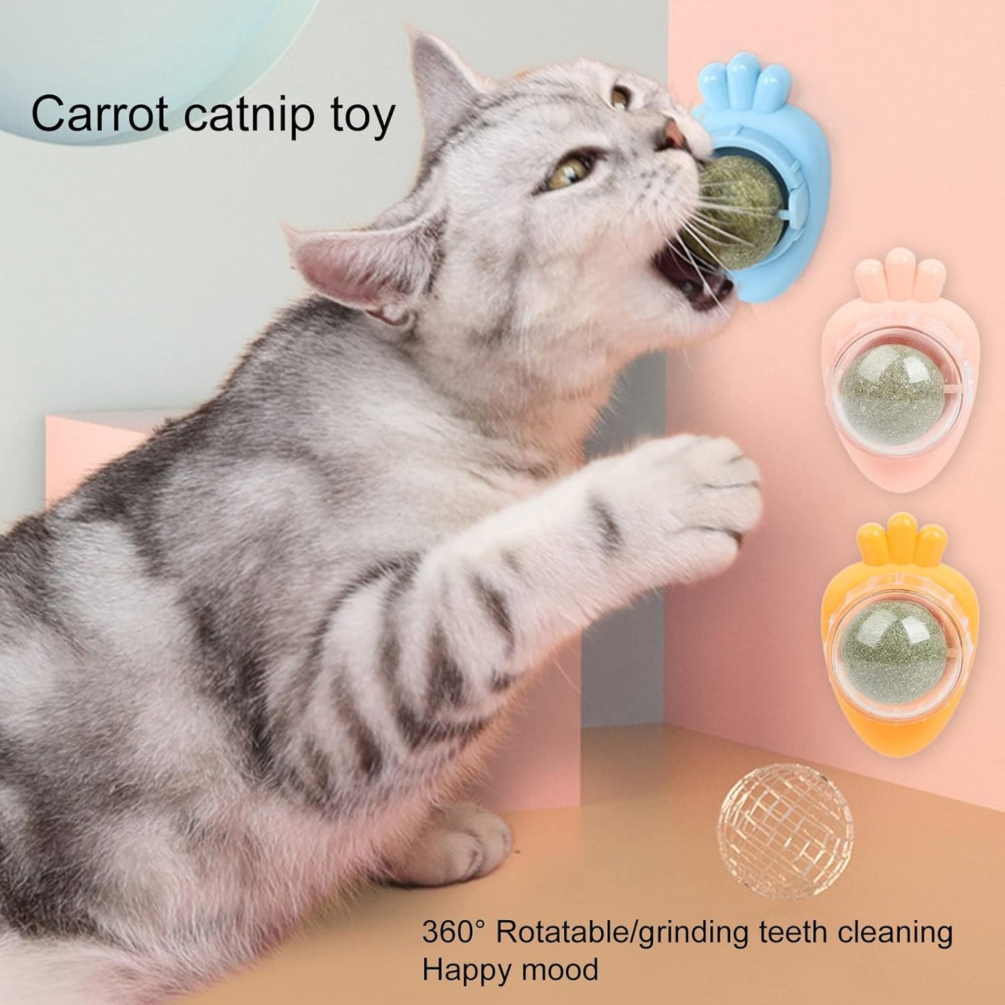 Interactive Carrot Catnip Ball – Indoor Cat Toy, Self-Adhesive Mint Wall Ball for Teeth Cleaning (Blue)